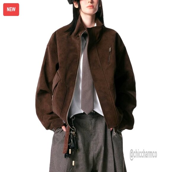 Jackets & Blazers - Oversized Faux Leather Bomber Jacket Zip Up Casual Streetwear Outerwear
